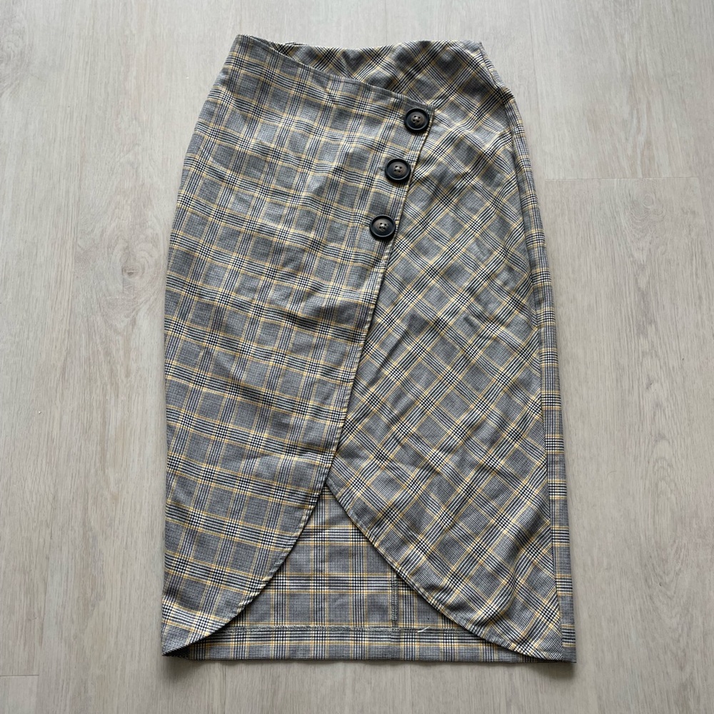 ASOS Black Yellow White Houdnstooth Wrap Midi Skirt